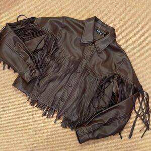 NWOT Nasty Gal Faux Leather Western Fringed Cropped Jacket, Brown